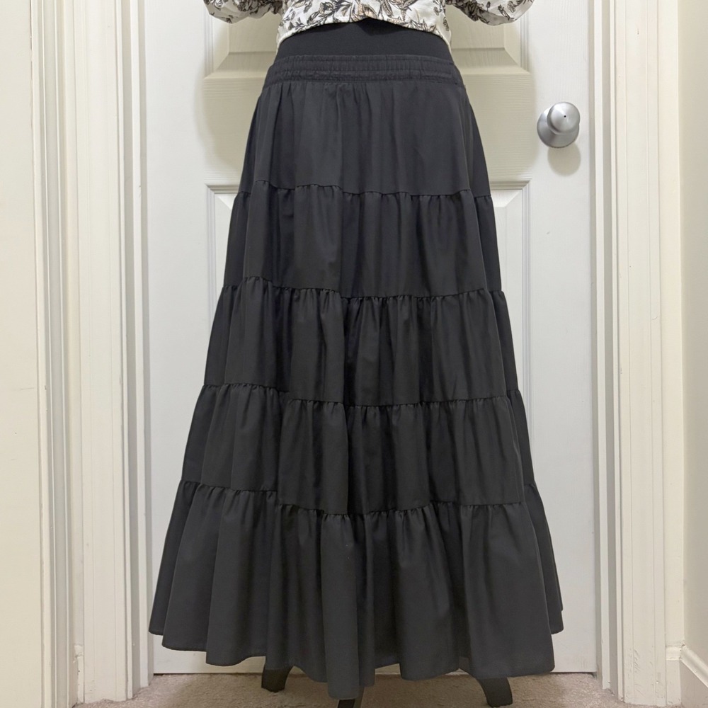 Vintage Malco Modes Black Tiered Midi Skirt Small USA Made Prairie Rockabilly